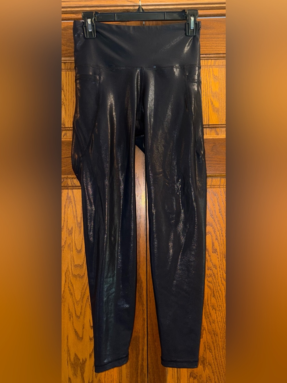 Shiny Black Leggings, high waisted, 7/8 length